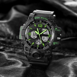 Men's Watches Military Rugged Wristwatch for Running with Dual Dial Time Analog Digital Display Alarm Stopwatch for Men