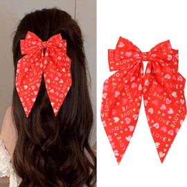 Totelux Valentines Bow Hair Clips Heart Love Hair Ribbon Spring Clip Large Bowknot Hair Barrette for Women Girls Silk Satin Valentines Hair Accessories Red