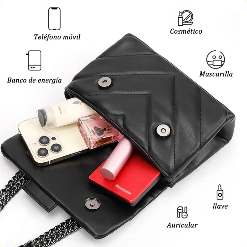 Bolso De Mujer De Cuero Negro Con Correa De Cadena