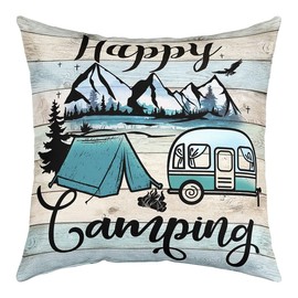 Happy Camping Throw Pillow Covers 22x22, Camper Cushion Covers for Sofa, Rustic Farmhouse Pillow Covers Camping Decorative Pillow Covers, Rv Car Theme Colorful Vintage Wooden Cushion Cases