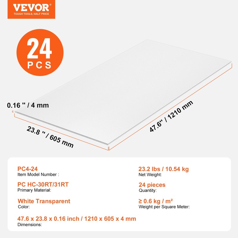 VEVOR 24 Pack Polycarbonate Greenhouse Panels, 2' X 4' X