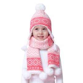 Girls Velvet Lined Beanie Hat Scarf Knitted 2pcs Set Winter Kids Baby 3-4 Years Thermal Pom Pom Cap Neckerchief Bohemia, Pink-XL