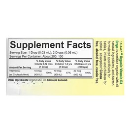 Esentials Organic Vitamin D3 Drops for Infants & Newborns, 400 IU, Flavorless, Non-GMO, Gluten Free 6.25ml