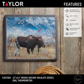 Taylor Nature Series Moose Indoor Outdoor Dial Thermometer, Easy to Read Wall Decor for Patio, Pool, Yard, Garden or Garage, 12x14-inch, Charcoal Bezel