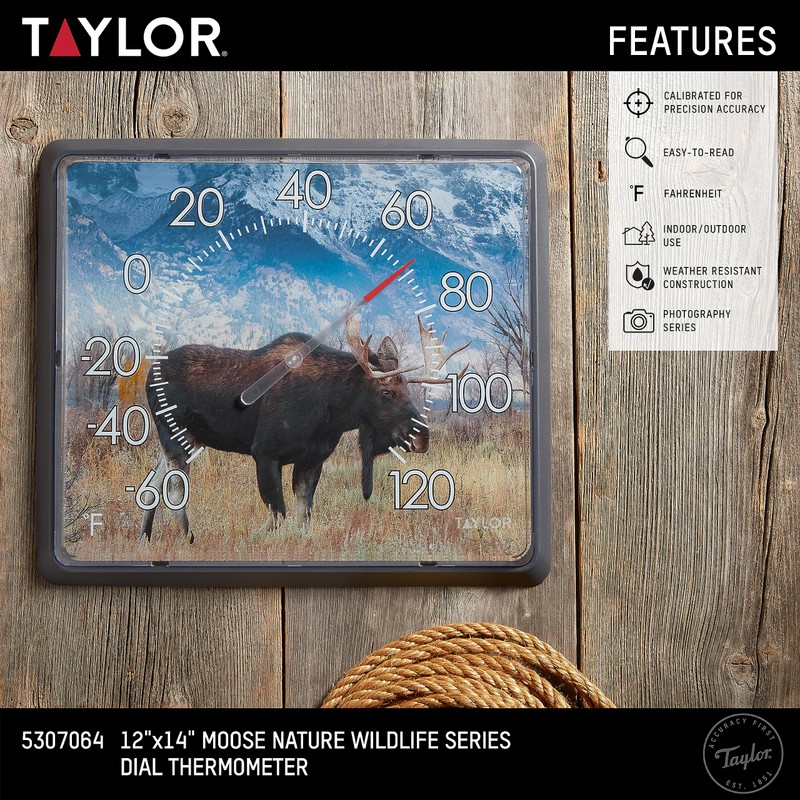 Taylor Nature Series Moose Indoor Outdoor Dial Thermometer, Easy to