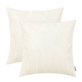 BRAWARM Leather Pillow Covers 18 X 18 Inches, Cream Faux Leather Pillow Covers Pack of 2, Geometric Embroidery Leather Decorative Throw Pillows for Living Room Couch Bed Sofa Home