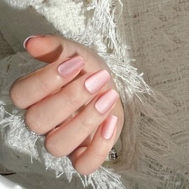 Dikixe Pink Cat Eye Matte Short Squoval Press On False Nails,Handmade Reusable Fake Nails,Durable Salon Quality for Women Girls, Nails in 12 Sizes - 24PCS Stick On Nails Kit