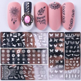 6PCS Nail Stamping Plates Kit, EBANKU Stamping Plates for Gel Polish with 1 Nail Stamper & 1 Nail Scraper, Flower Animal Pattern Manicure Print Tools for DIY Nail Art Designs
