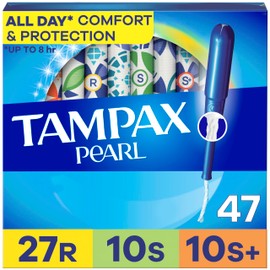 Tampax Pearl Tampons for Women Multipack, with LeakGuard Braid, Regular/Super/Super Plus Absorbency, Unscented, 47 Count