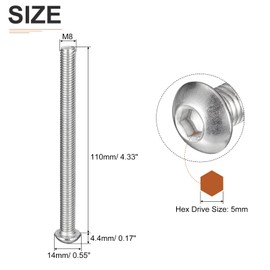 DTGN M8-1.25x110mm Button Head Socket Cap Screws - 5Pack - Good for Machine - 304 Stainless Steel 18/8 - Hex Drive Full Thread Fasteners