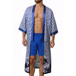 PRODESIGN Mens Houndstooth Kimono Robe - Long Satin Sleepwear Silky Nightgown Bathrobe Dressing Gown Cardigan Beach Cover Up