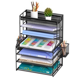 Organizador de archivos de escritorio de 7 niveles, bandeja de metal negro con cajón extraíble, soporte extraíble para bolígrafos y canasta colgante, 