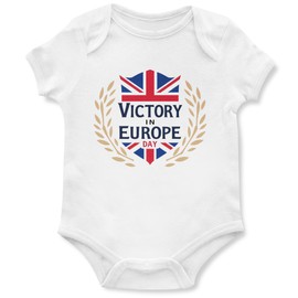 Victory in Europe Babygrow Union Jack Shield Design Boys Girls VE Day Baby Vest 80th Anniversary, 0-3 Months, White
