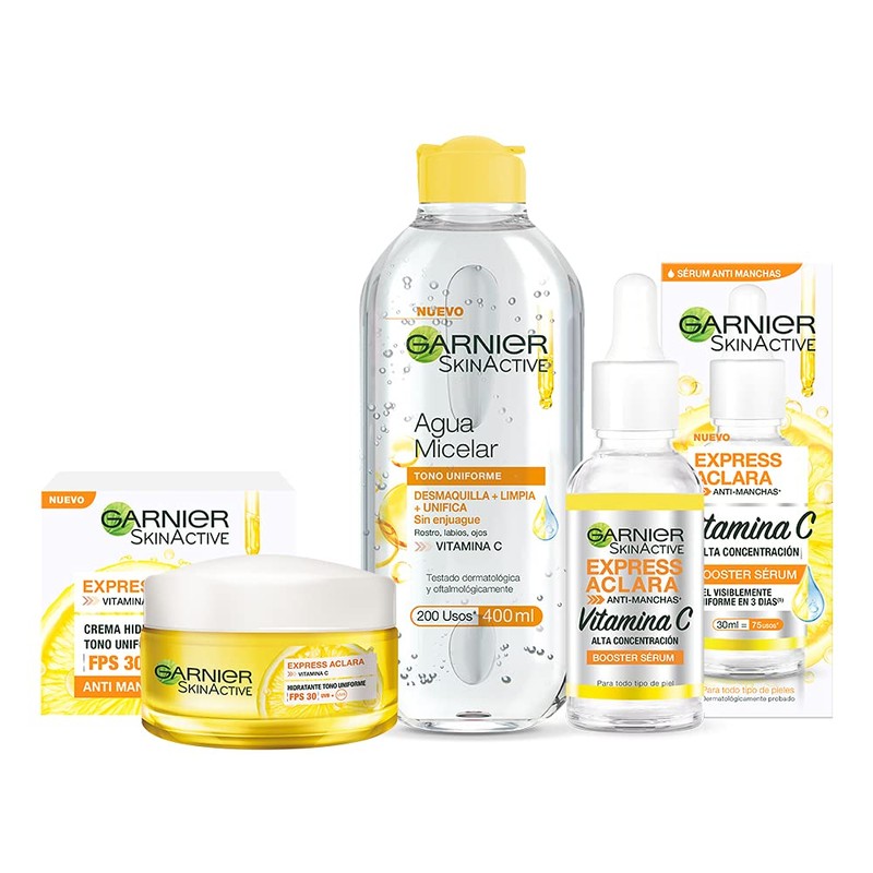 KIT GarnierExpress Aclara Serum Crema Agua micelar con Vitamina C