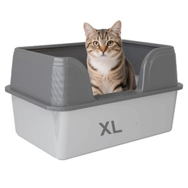 Kexkyo Enclosed Stainless Steel Cat Litter Box with Lid Large Litter Box for Big Cats XL Metal Litter Pan Tray with High Sides Scoop & Litter Mat Inside, Non-Sticky, Anti Leakage(Grey, XL)