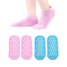 Blue and Pink Moisturizing Socks - 2 Pairs for Women's Dry, Cracked Feet - Silicone Spa Socks with Foot Care and Heel Protection