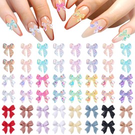 Mezrkuwr 240 Pieces Aurora Bow Nail Pendants, 3D Bow Nail Pendants, Colorful Bow Nail Pendants, Cute Butterfly Nail Beads Resin Nail