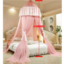 Vilemoon Bed Canopy for Girls & Adults, Round Dome Lace Princess Canopies Netting, Cute Double Layer Bed Canopy Drapes for Decoration, Playing,Reading,Sleepping (Pink)