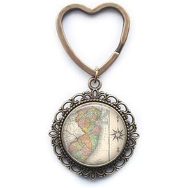 New Jersey mapa llavero, llavero de mapa de Nueva Jersey, joyería de mapa antiguo, joyería de mapas, joyería de mapas, A0047
