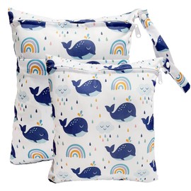TRASUN Wetbag Nursery Wet Bag Nappy Bags Swimming Equipment Wet and Dry Changing Bag Pack of 2 Waterproof Washable Wet Bag Organiser for Toddler Nappies Travel Gym Beach Pool, Blue whale, Pack sack
