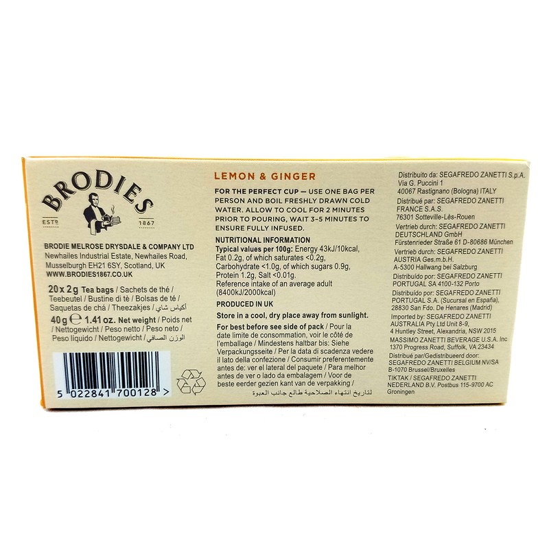 Brodies Tea, Lemon & Ginger, 20-Count Tea Bag 1.41oz