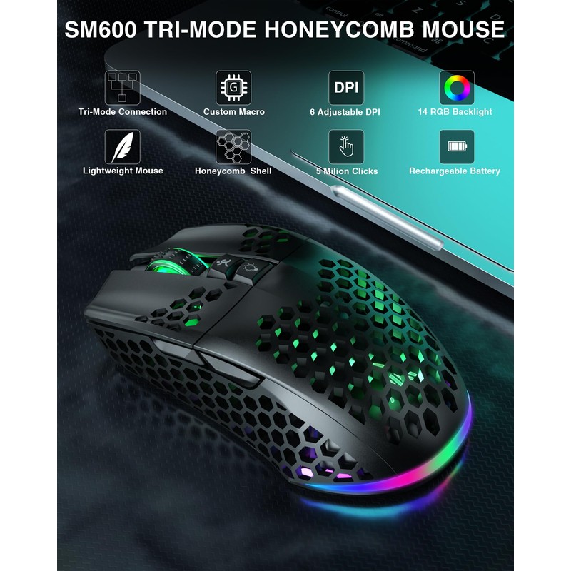 SOLAKAKA SM600 Honeycomb Shell Gaming Mouse Wireless,Tri-Modes BT5.1/2.4G Wireless/Type-C Wired