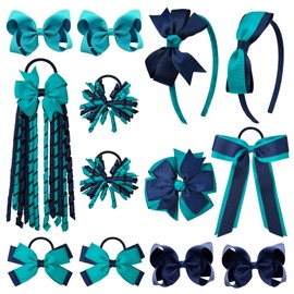 DEEKA Jade Teal & Navy Blue School Hair Accessories Set 13 Pcs Uniform Hair Bow Headband Clips Hair Ties Curly Korker Bows for Little Toddler School Girls (Jade&Navy)