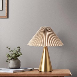 Gold Small Table Lamp, Cute Table Lamp, Pleated Table Lamp,Brass Gold Bedroom Lamps for Nightstand, Small Scalloped Rattan Shade Table Lamps for Small Spaces for Bedroom,Living Room