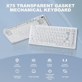 YUNZII X75 82 Key Hot Swappable Mechanical Keyboard with Transparent Keycaps, 75% Layout Gasket Mount RGB Backlit for Windows/Mac(Crystal White Switch, Wired -White)