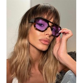 ADE WU Trendy Square Hexagon Aviator Sunglasses for Women Retro 70s Thick Frame Double Bridge Oversized Sun Glasses,Tortoise Frame Purple Lense
