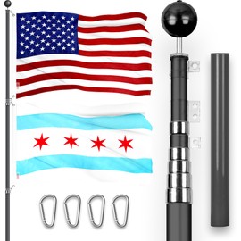 G128 Combo Pack: 25 Ft Telescoping Aluminum Flagpole (Black) & American and Chicago City Flags 3x5 Ft, Both ToughWeave Series Embroidered Polyester | Pole with Flags Included
