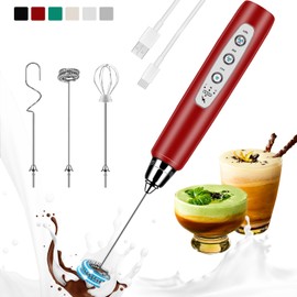 Colarlemo Milk Frother Handheld Rechargeable, Frother Wand Drink Mixer Electric Whisk for Coffee, Detachable With 3 Stainless Whisks, Hand Mixer for Lattes, Cappuccino, Matcha, Egg, No Stand, Red