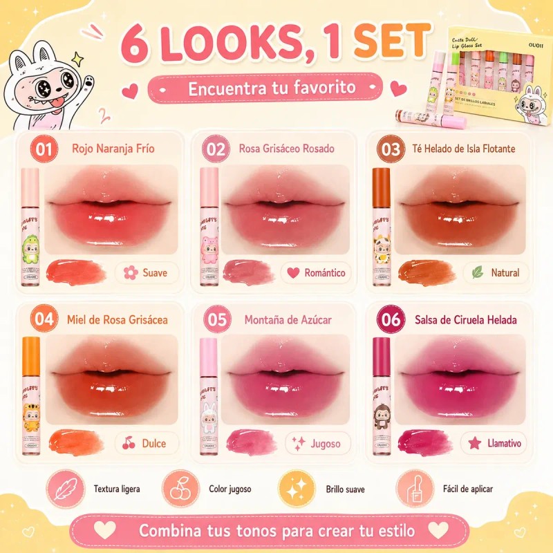 Set De 6 Brillos Labiales Hidratantes Con Acabado Espejo