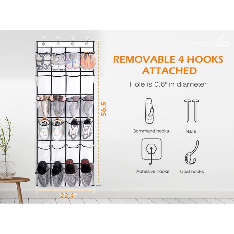 MISSLO Over The Door Shoe Organizer 24 Large Mesh Pockets,