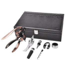 Tirrinia Wine Opener Set, 7 Pcs Premium Wine Bottle Corkscrew All-In-One Sets with Wine Stopper, Pourer, Foil Cutter, Extra Screw In Deluxe Leather Gift Box