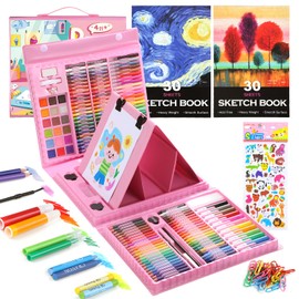 237-Piece Kids Art Set with Double-Sided Easel, Painting Kits for Kids Ages 4-8, Non-Toxic Art Supplies for Girls & Boys, Drawing Set with Watercolor, Oil Pastels, resent for Young Artists-Pink