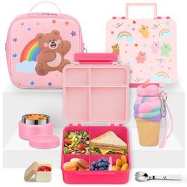 HAWEEK Lunch Box Kids with 5 Compartments, Insulated Food Jar & Utensil & Sauce Container & Lunch Bag & Silicone Collapsible Cup, Leak Proof Bento Box, BPA-Free & Dishwasher Safe-Pink