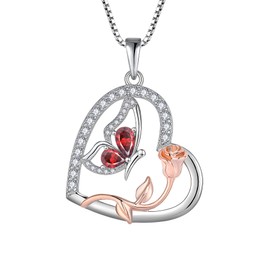 Rocayi Love Heart Butterfly Necklace for Women 925 Sterling Silver Garnet Necklace January Birthstone Pendant Rose Flower Dainty Jewelry for Women Wife Girlfriend Mother Daughter Her
