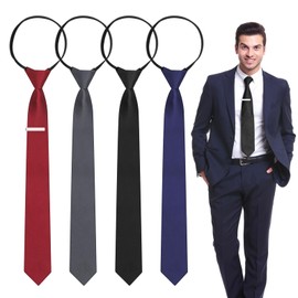 Pack of 4 Slim Tie with Zip, 660 mm Adjustable Tie, Pre-Tied for Men, Dark Polyester Tie with Clip, Long Ceremonial Tie for Wedding, Party, Business, Slim tie with zip