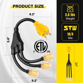 CORDMITPRO 2FT 30 Amp to 110 Adapter Generator Power Cord, Shore Power 30 Amp to 15 Amp/20 Amp Adapter, Marine NEMA L5-30P to 3X 5-15R/5-20R RV Generator Adapter