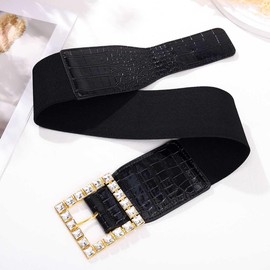 Obmyec Rhinestone Waist Belt Wide Square Buckle Lady Belt for Dress Sparkle Crystal Stretchy Waistband for Women (Fit Waist Size: 26''-33'')