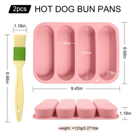 Holyenten 2 Pack Silicone Hot Dog Bun Pans, 6x9 Inch Non-Stick Baking Mold – Perfect for Homemade Hotdog Buns, Mini Baguettes & Rolls – Dishwasher Safe, 4-Cup Capacity (Pink)