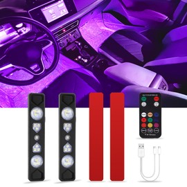CARFIB Car Led Lights Interior Wireless Starry Ambient Lighting with Remote Portable USB Rechargeable RGB Neon Accent Inside Light Cool Atmosphere Decor for Cars Truck Magnetic 2Pcs