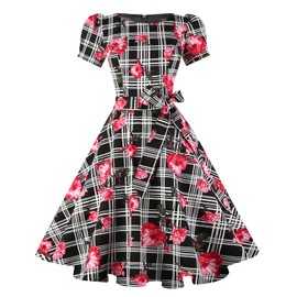 tagunop Women's Boatneck Vintage 1950s Cocktail Party Dress with Puff Sleeves Floral M