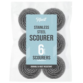 Topest Stainless Steel Scourer | 6 Pack | Muti-Purpose Dish Washing Up Pot Scrubber | Heavy Duty Sponge Spiral Scourer | For Pans, Pts, Cookware, Kitchen, Grills Etc.