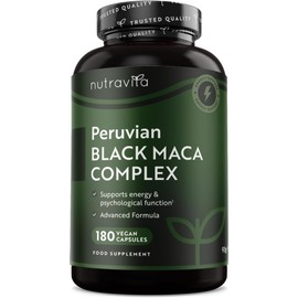 Schwarzer Maca Komplex 6000mg mit Zink Ginseng, Bockshornklee, L Arginin, Vitamin B6 & Vitamin B12 für Energiestoffwechsel und Psychischen Funktion (EFSA) 180 Maca Kapseln für 6 Monate - Nutravita