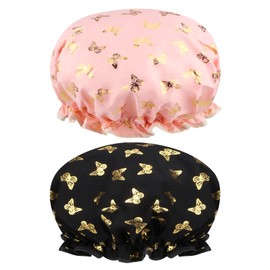 2 Packs Shower Cap Elastic Band Waterproof Bath Caps Double Layers Reusable With Ruffled Edge Covering Ears for Girls and Women