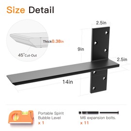 LEOPO 14" Lx2.5 W 2 Pack Free Hanging T Shelf Bracket, 3/8" Thick Countertop Support Brackets, Heavy Duty Knee Wall Hidden Floating Countertop Bracket for Cabinets, washbasin, Bench Seats, Vanities