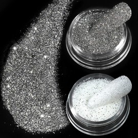 Allstarry Nail Glitter, 2 Colors Sparkling Silver Reflective Glitter Shiny White Diamond Dust Shimmery Sequins Crystal Gems for Nail Art Disco Party Nightclub Raves Festivals Concert Shows Wedding