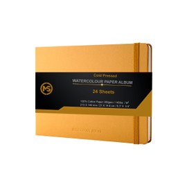 Watercolour Sketchbook Journal 300gsm /140lb 100% Cotton Paper 24 Sheets Cold-Pressed Journal Sewn Binding 8.3" X 5.8" Album Artists Wet Media and Mixed Techniques - Ochre Leatherette Cover